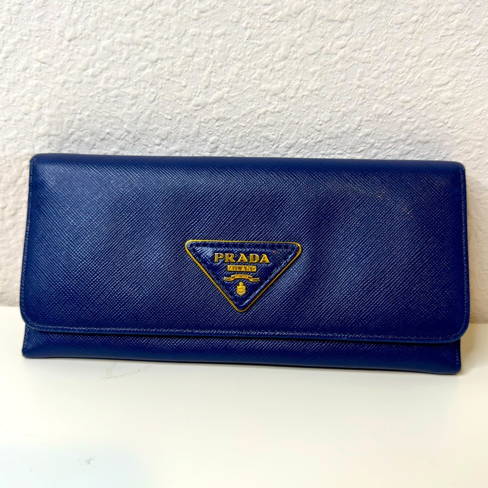Prada Triangle Plate Saffiano Long Wallet/ Blue Leather